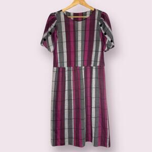 Vintage 80s Striped Pink Gray Secretary Knee Length Dress Large Retro Normcore